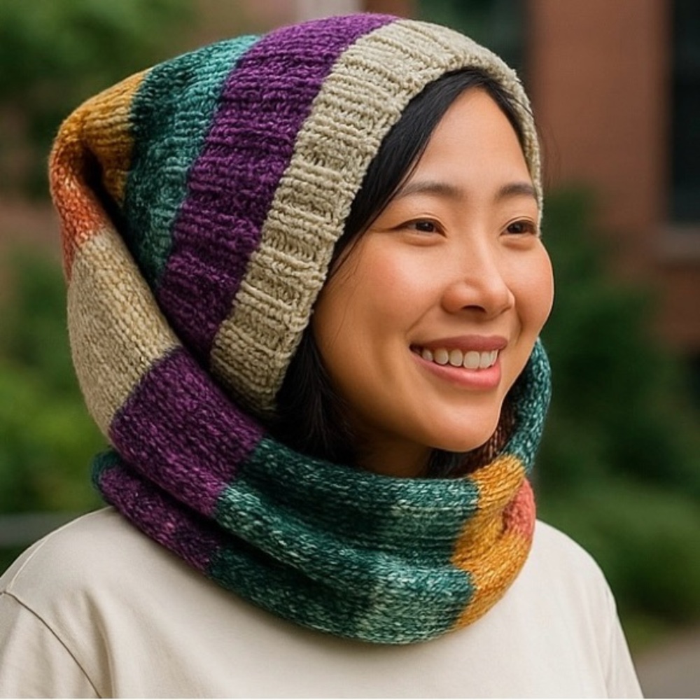 Scarf Beanie Hat Set Hand Crafted Colorful Knitted Striped Green Yellow Purple